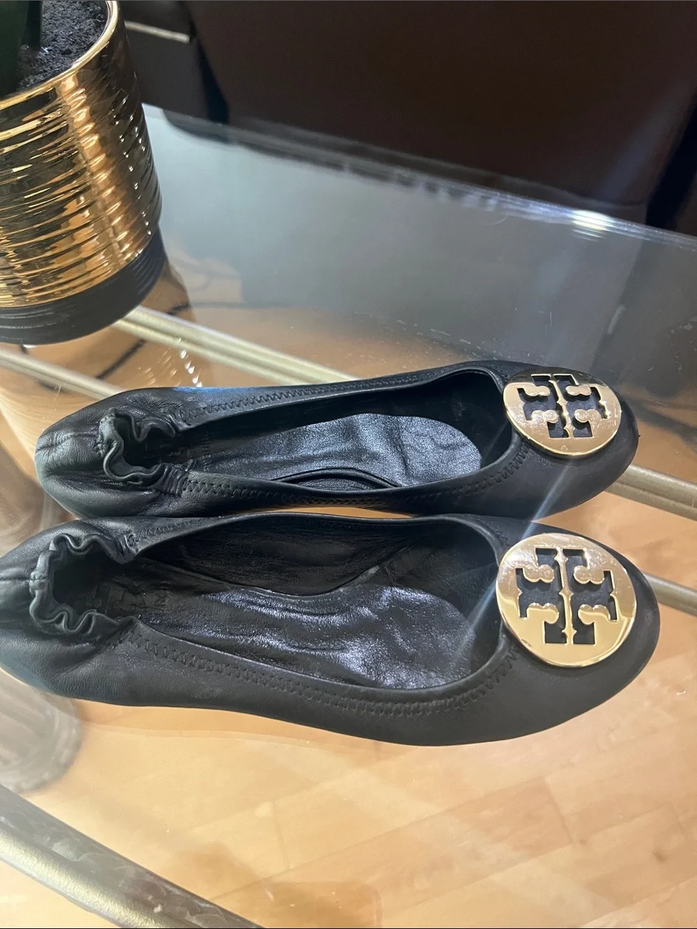 Tory Burch Black Leather Logo Ballet Flats with Gold Emblem